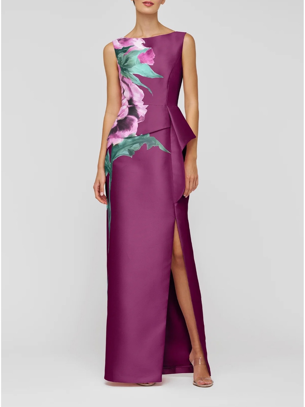 Kay Unger Luciana Floral Column Mikado Gown in Mulberry Purple